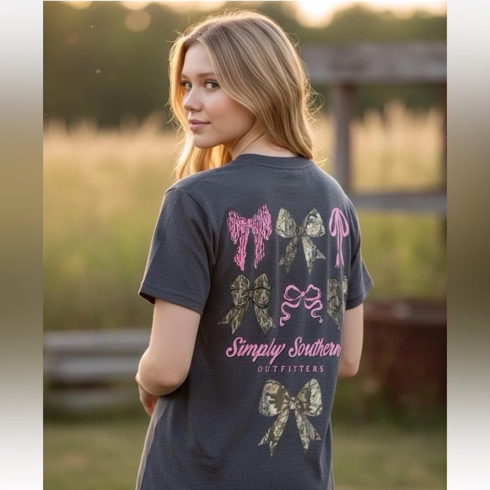 Simply Southern Camo Pink Bows Ribbon Tee Women’s XXL New Short Sleeve T-shirt